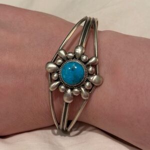 Running Bear Vintage Turquoise Cuff Bracelet Navajo Sterling Silver